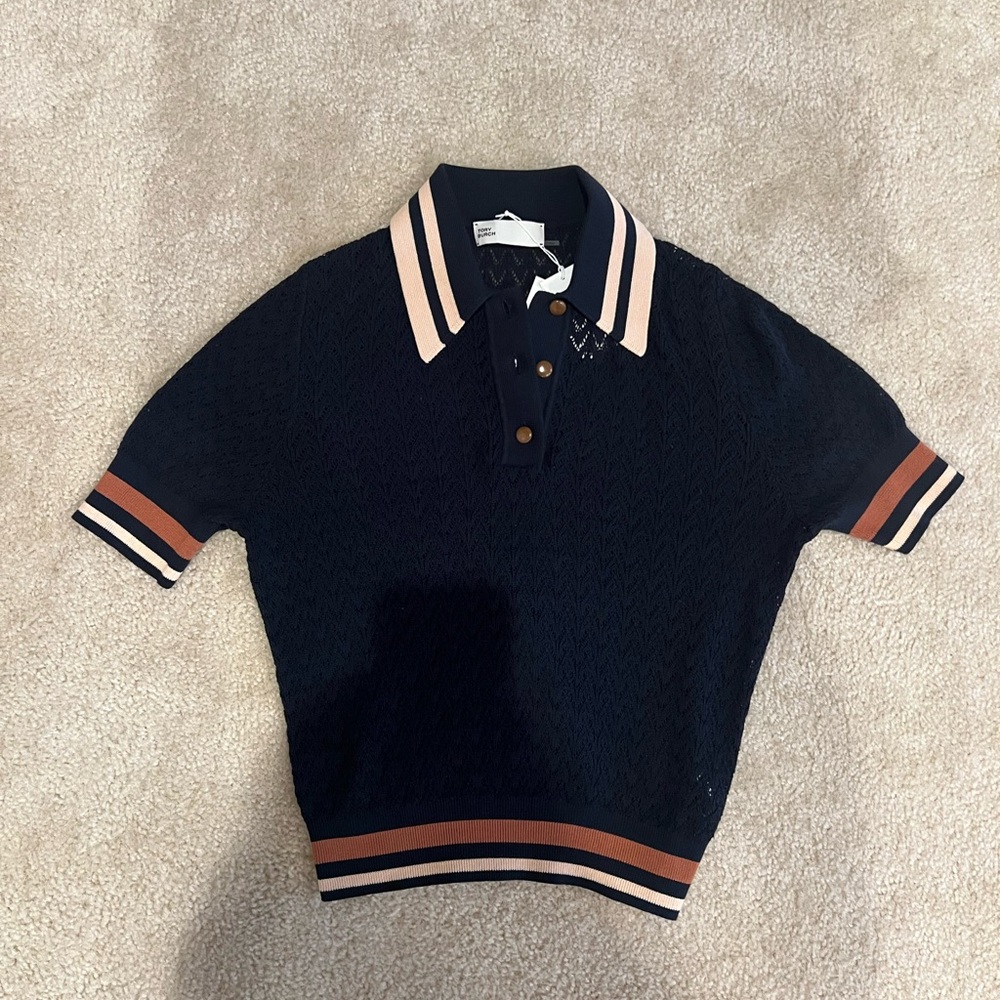 NWT Tory Burch Cotton Pointelle Polo in Blue, Size XS